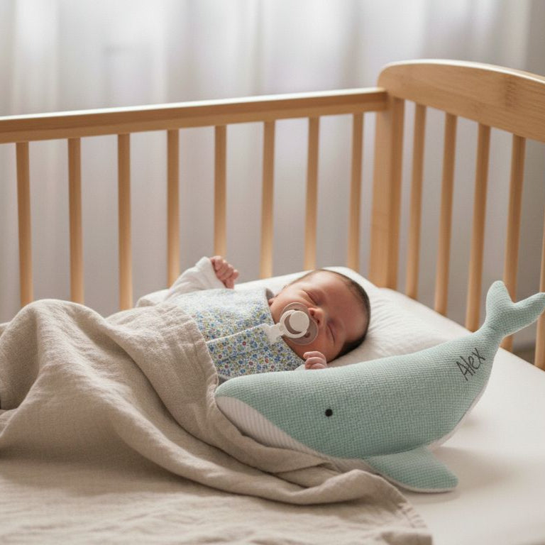 Pack Regalo welcome baby: Peluche ballena Susi personalizada + babero + chupetero