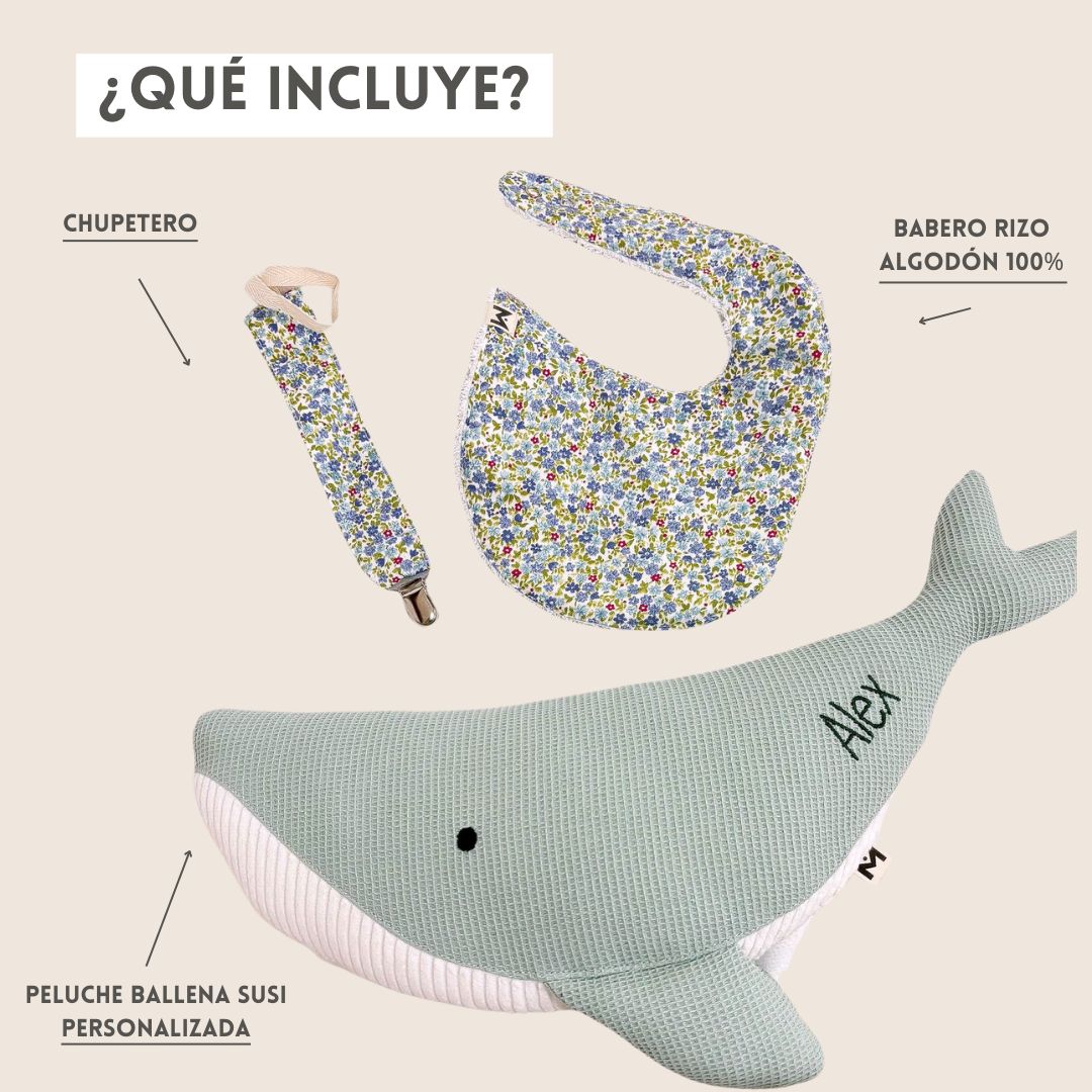 Pack Regalo welcome baby: Peluche ballena Susi personalizada + babero + chupetero