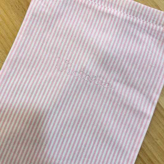 Bolsa merienda Rayas rosa nombre Victoria