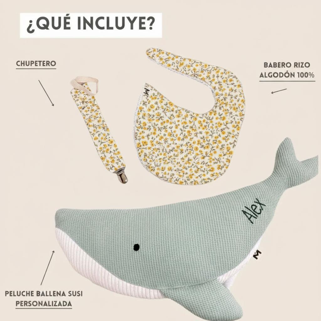 Pack Regalo welcome baby: Peluche ballena Susi personalizada + babero + chupetero